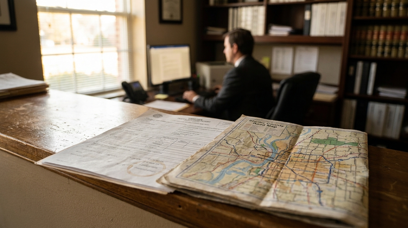 Shelby County Road Map and traffic crash report on law office desk with attorney working