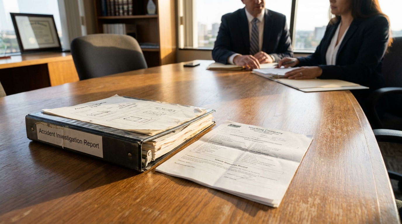Accident Investigation Report binder and trucking company documents on law office conference table