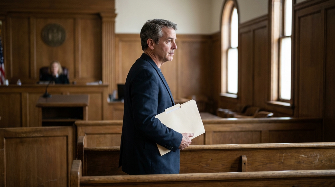 Felony DUI Defense Lawyer in Placerville CA Courtroom attorney holding legal folder standing in wood-paneled courtroom before judge