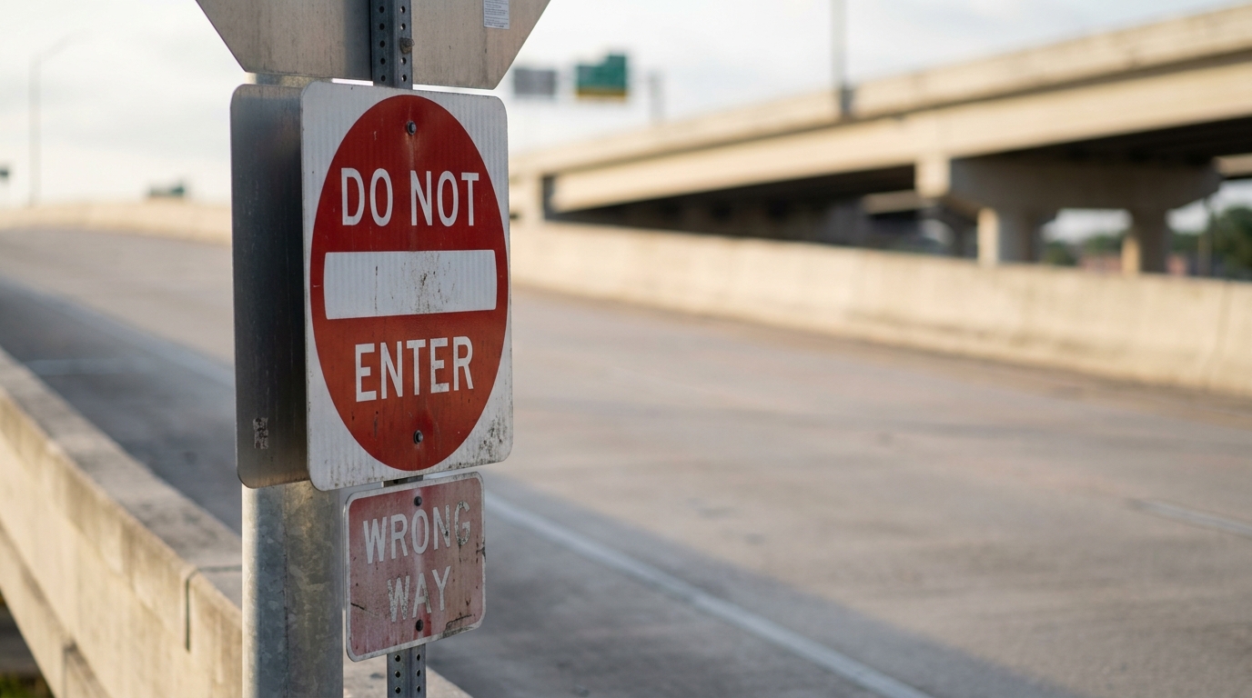 Wrong Way Do Not Enter Sign San Antonio Highway Do Not Enter and Wrong Way road signs posted on highway overpass
