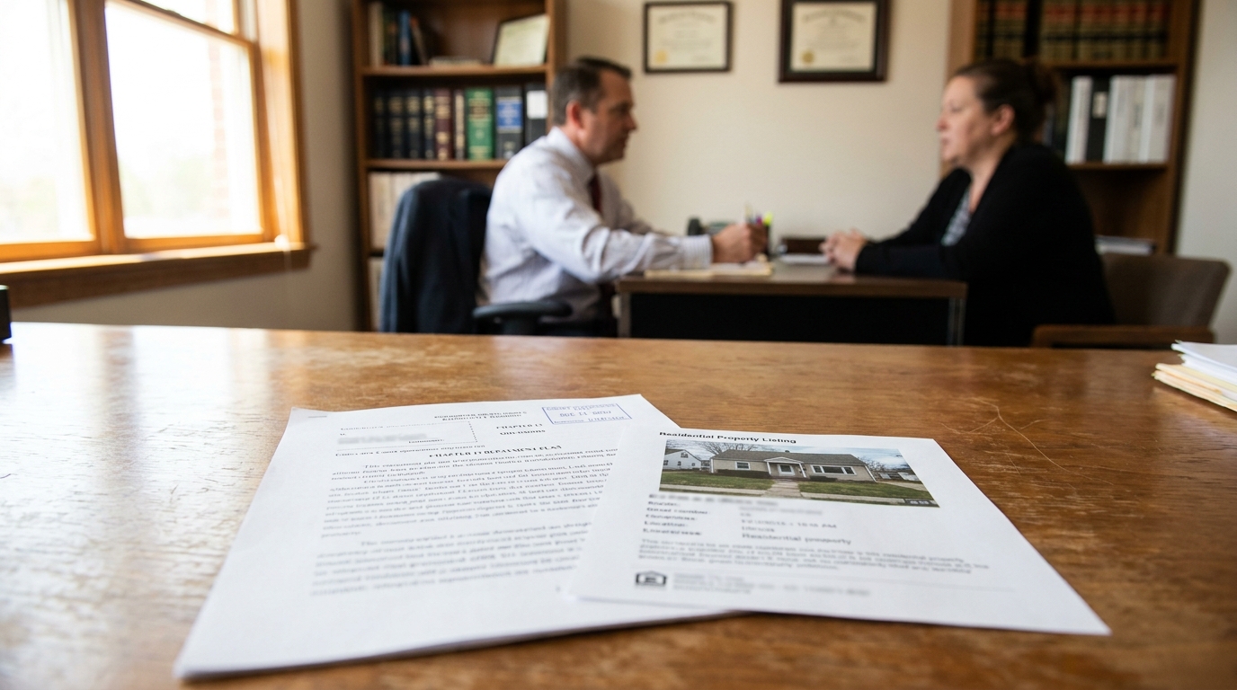 Residential property listing document on desk during attorney-client office consultation