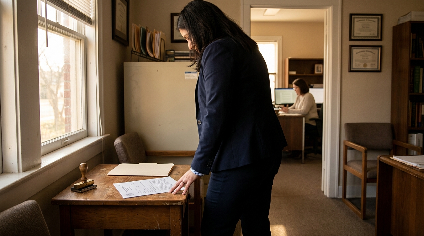 Texas Family Law Attorney Reviewing Protective Order Documents attorney in suit reviewing legal document on wooden desk with notary stamp nearby
