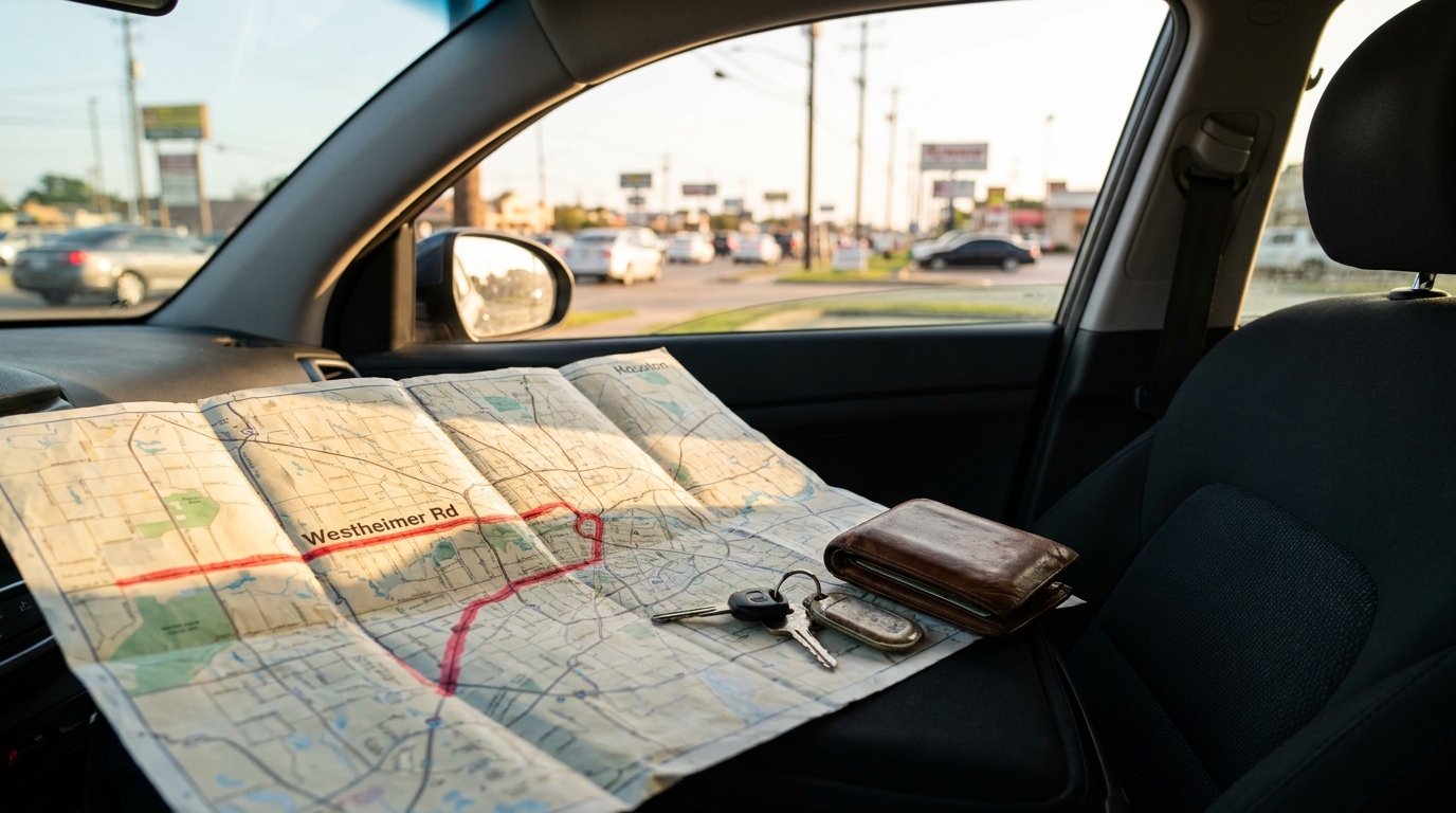 Westheimer Road Houston Map Dangerous Street Car Houston Westheimer Rd map with car keys and wallet on vehicle seat