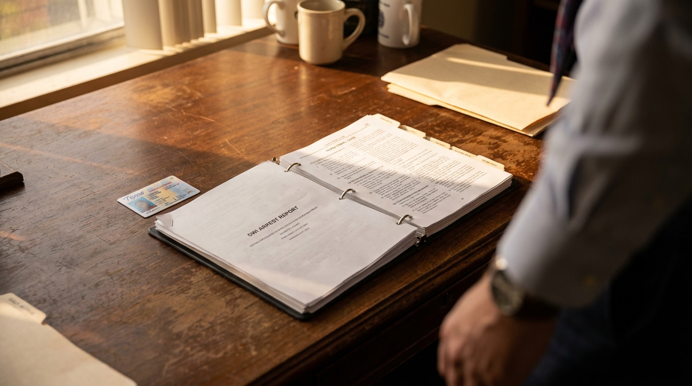 Houston DWI Arrest Report and Texas ID on Lawyer Desk DWI arrest report in open binder beside Texas ID on wooden desk