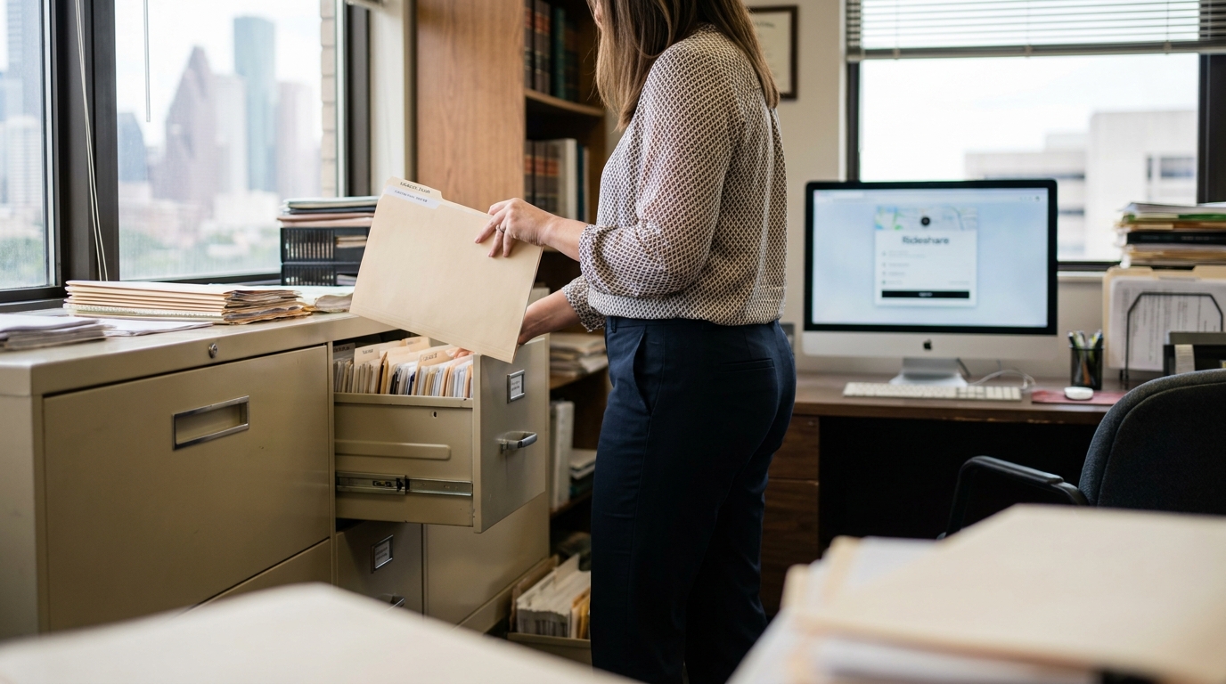 Houston Attorney Preserving Rideshare Accident Evidence Files legal professional retrieving manila folder from open filing cabinet in law office