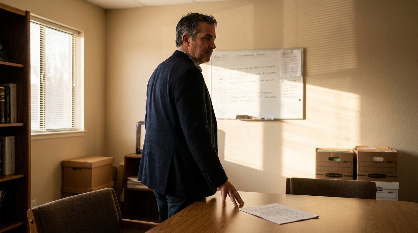 Sacramento Car Accident Lawyer Reviewing Case in Office attorney standing at conference table with document and whiteboard in consultation room