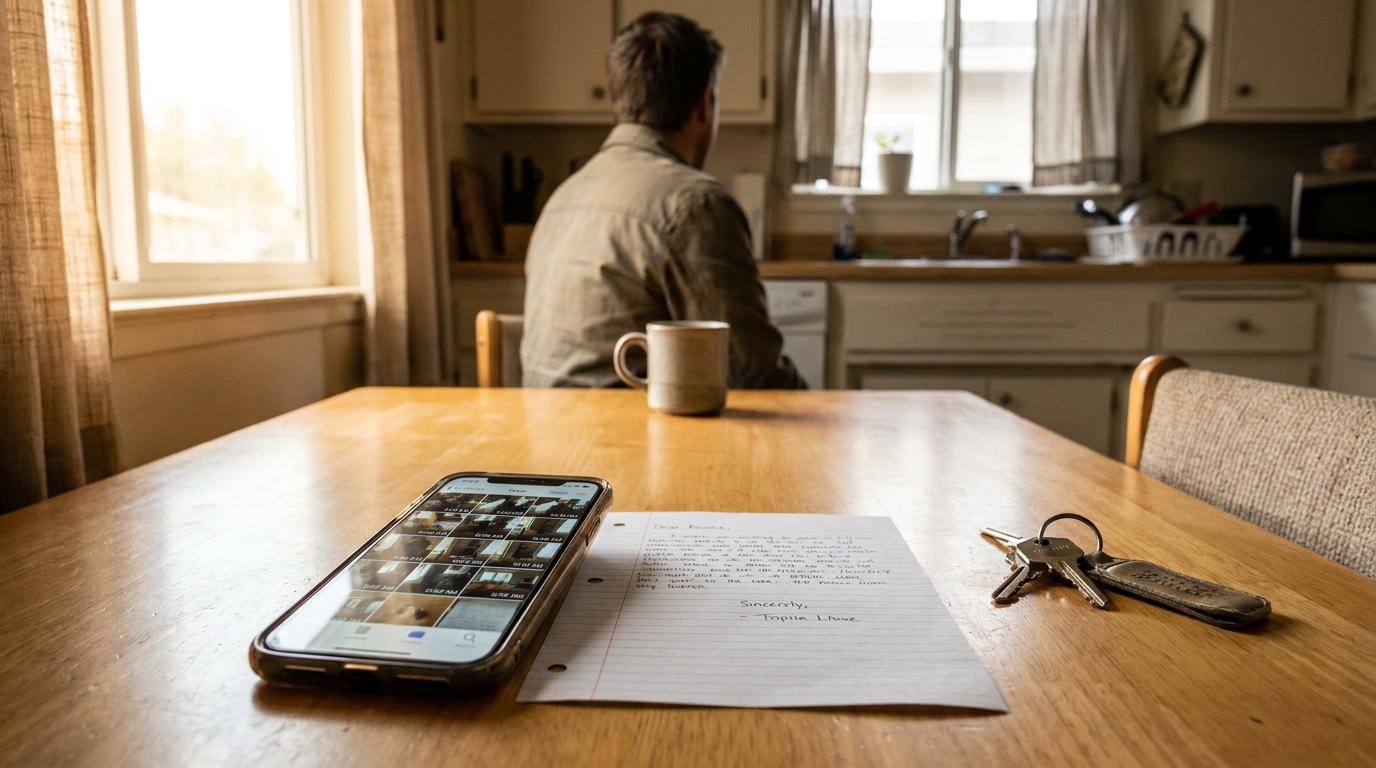 Sacramento Tenant Documenting Rental Property Injury Evidence handwritten letter, smartphone, and keys on kitchen table beside seated man