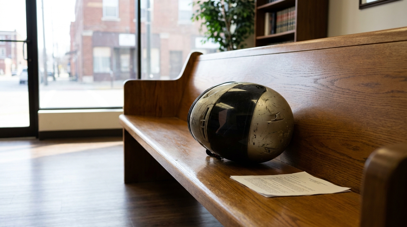 Damaged Motorcycle Helmet at Kansas City Law Office damaged motorcycle helmet and legal document resting on wooden bench in law office