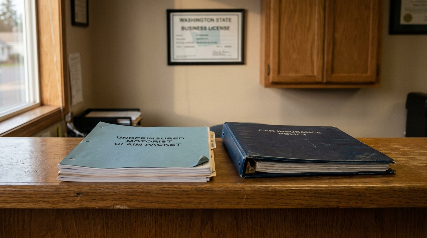 Underinsured Motorist Claim Packet and Car Insurance Policy binder on office counter