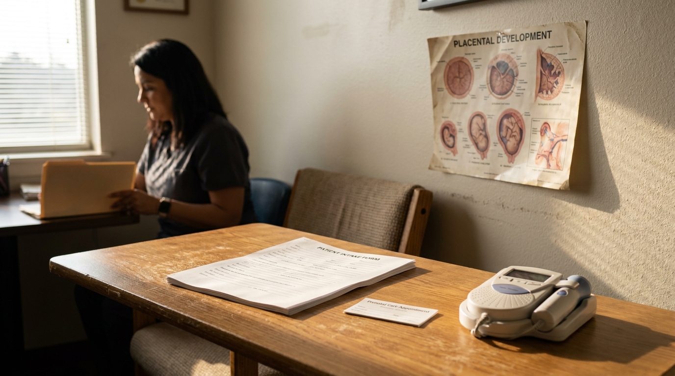 Indianapolis Prenatal Care Office Placental Abruption Car Accident Patient intake form on exam table beside prenatal care appointment card and fetal monitor
