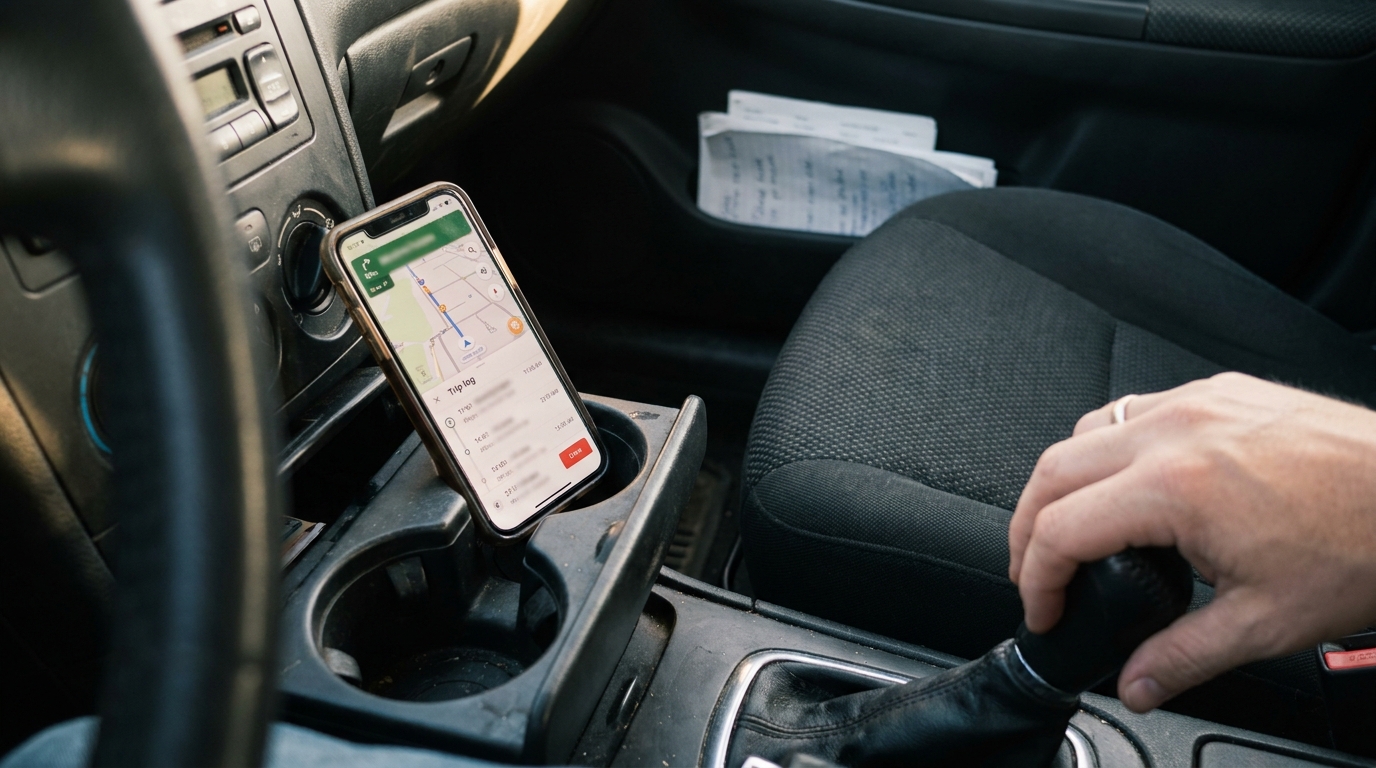 Uber GPS Trip Log Data Centennial Colorado Rideshare Accident smartphone displaying navigation map app propped in vehicle cup holder while driving