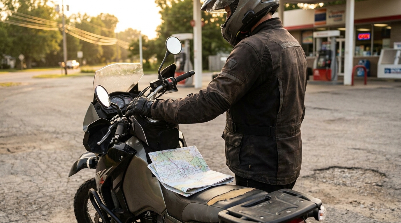 helmeted motorcyclist reviewing paper road map resting on motorcycle seat at gas station
