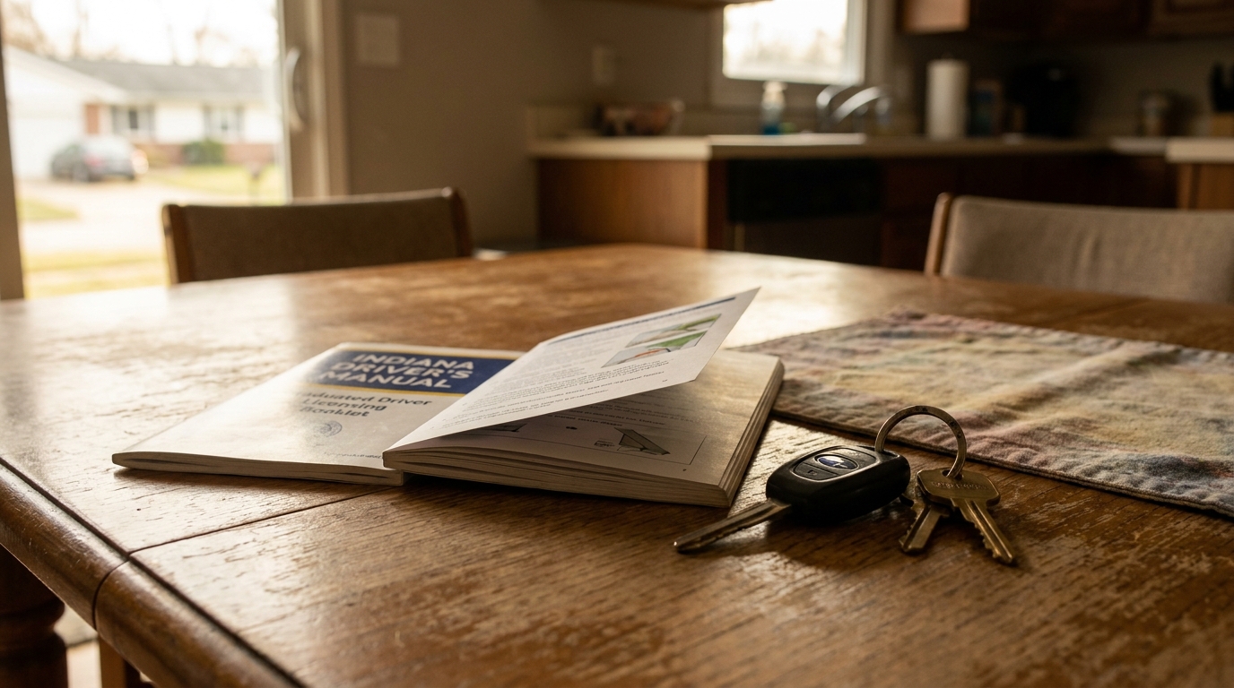 Indiana Driver's Manual and Car Keys on Table Indiana Driver's Manual Graduated Driver Licensing booklet open beside car keys on wooden table