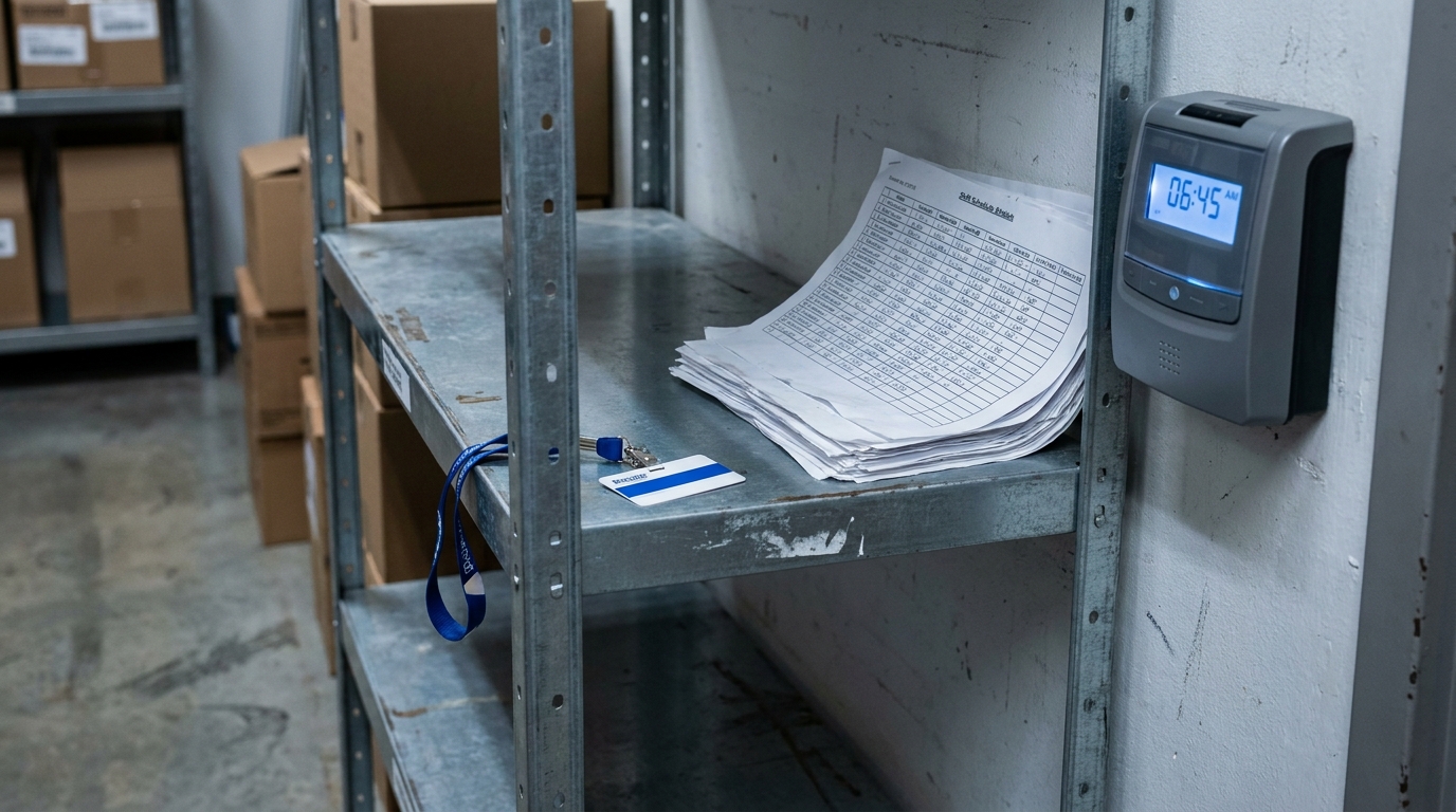 New York Pre-Shift Time Clock Records Unpaid Work Evidence warehouse shelf with work schedule sheets, employee badge, and digital time clock