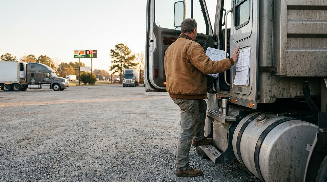 Commercial Truck Driver Reviewing Logs Columbia SC truck driver reviewing documents posted on commercial semi-truck cab door in parking lot