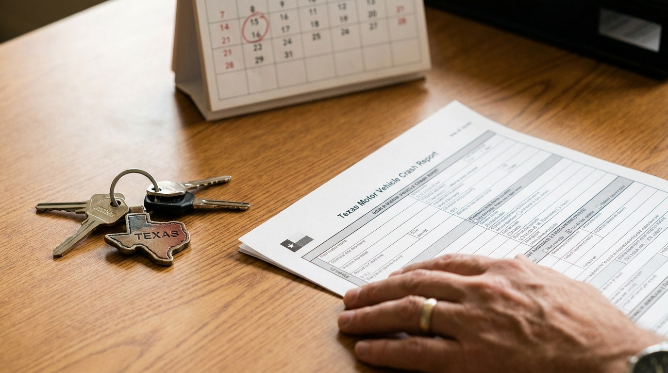 Houston Driver Filing Texas Motor Vehicle Crash Report Deadline hand reviewing Texas Motor Vehicle Crash Report beside Texas keychain and desk calendar
