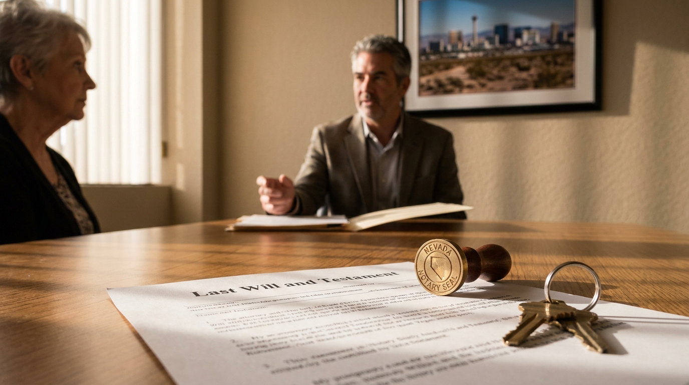 Las Vegas Estate Attorney Reviewing Nevada Last Will and Testament Last Will and Testament document with Nevada Notary Seal stamp and keys on desk