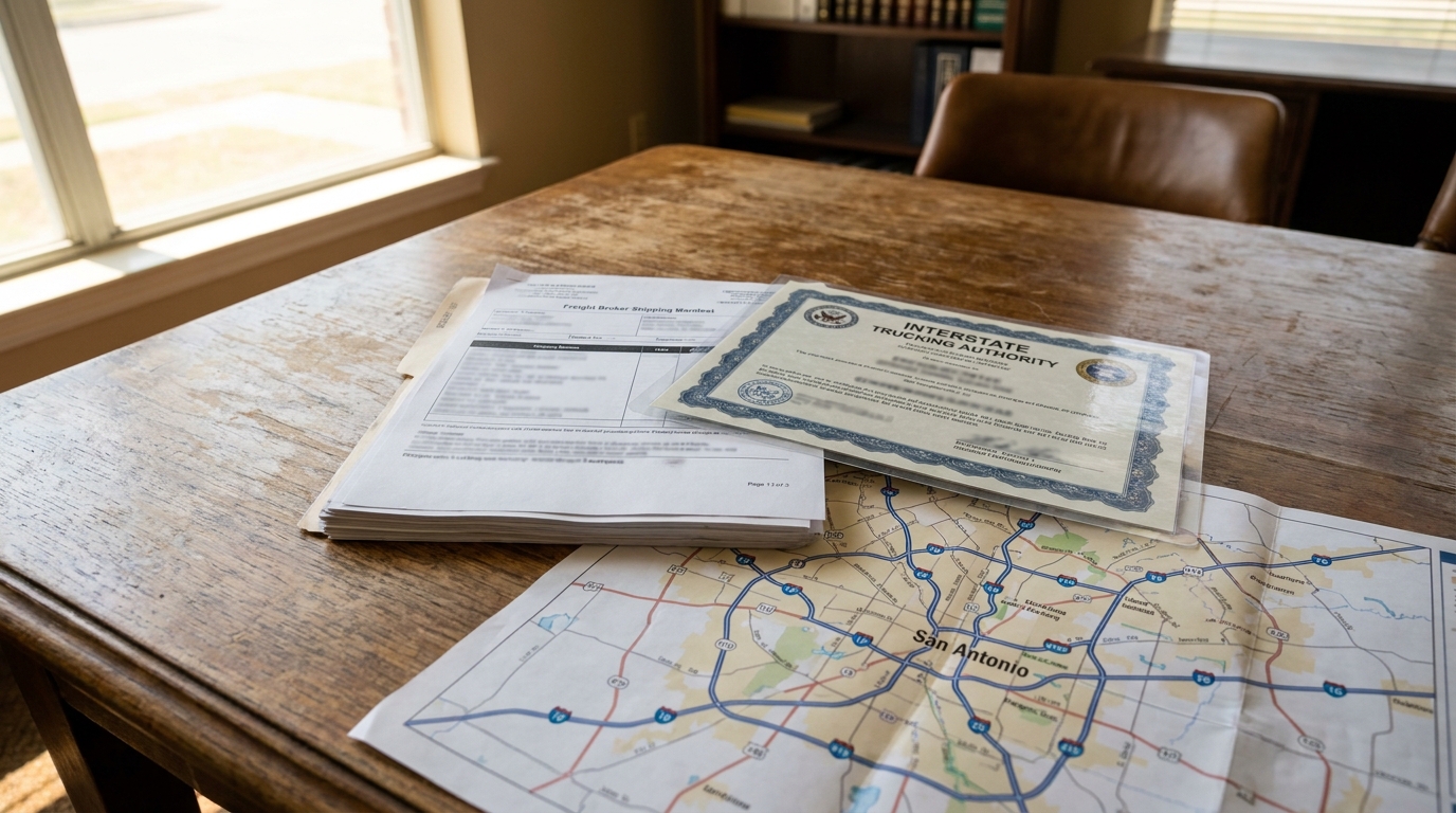 San Antonio Freight Broker Liability Documents Interstate Trucking Authority Interstate Trucking Authority certificate, freight broker shipping manifest, and San Antonio road map on wooden desk