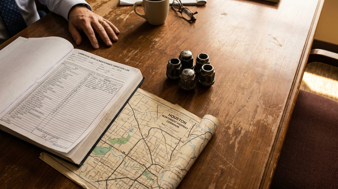Houston Truck Maintenance Inspection Log and Evidence Review Commercial Vehicle Maintenance Inspection Log and Houston Northwest Highway Corridor map on desk