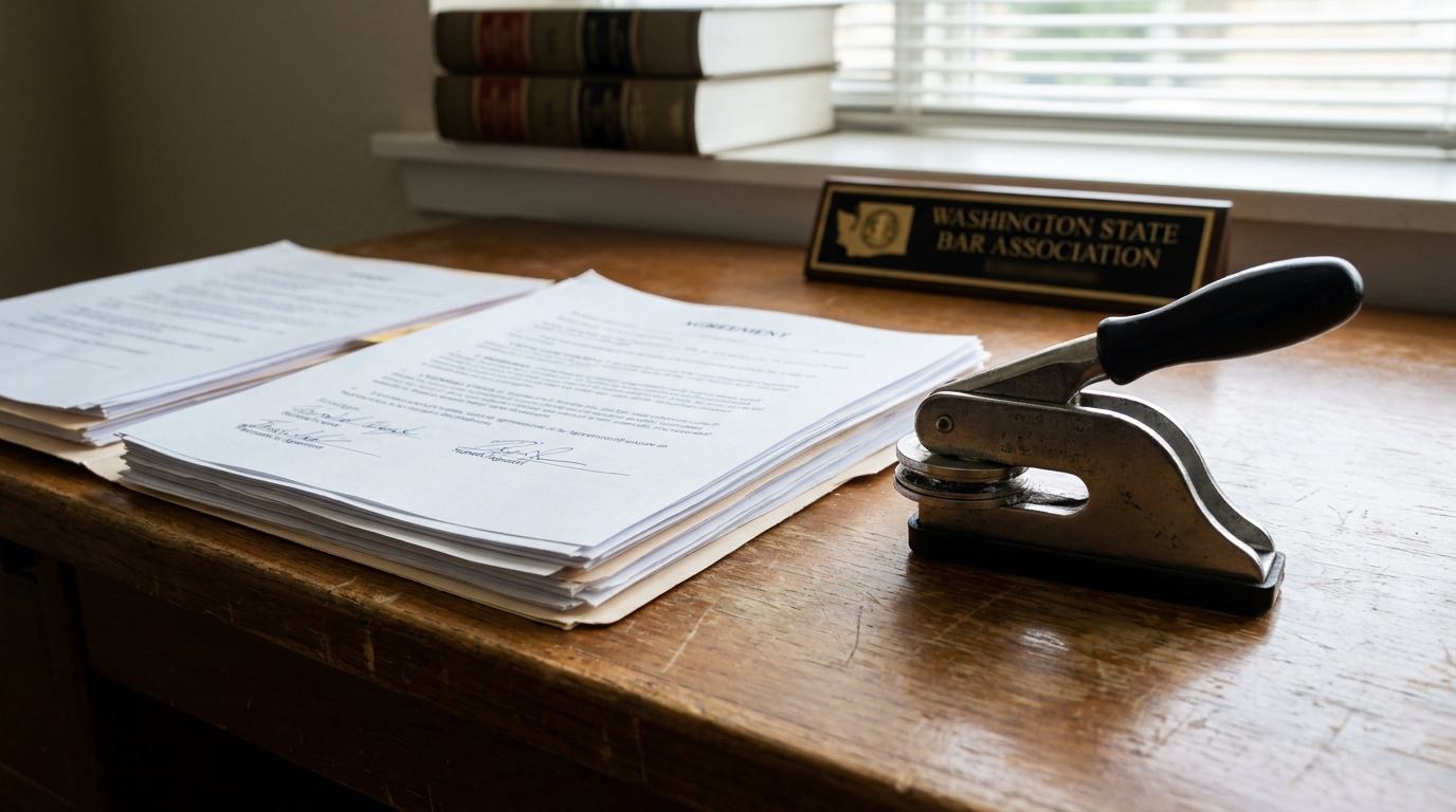 Signed Mediation Agreement Richland Washington Binding Contract Washington State Bar Association plaque beside notary seal press and signed agreement documents