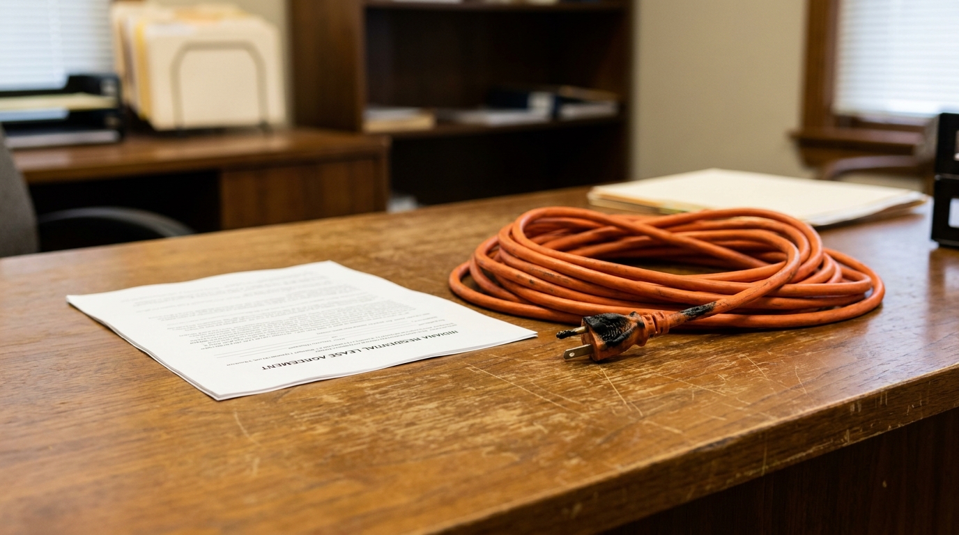 Indianapolis Landlord Faulty Wiring Lease Agreement Desk residential lease agreement and damaged extension cord plug on wooden desk
