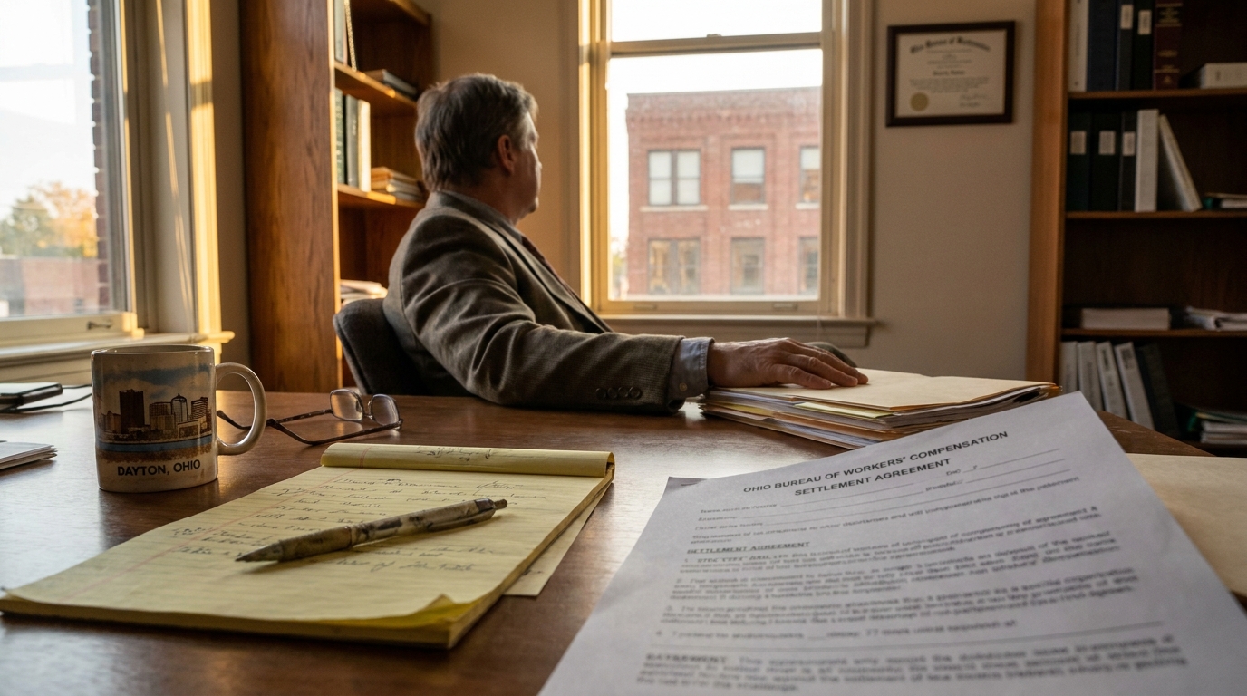 Dayton Ohio Workers Comp Attorney Reviewing Settlement Agreement attorney at desk with Ohio Bureau of Workers Compensation Settlement Agreement document
