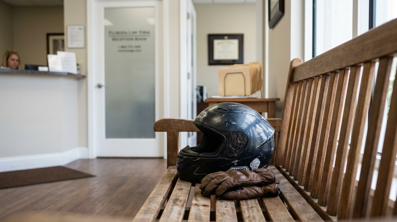 Motorcycle Helmet and Gloves at The Villages Florida Law Firm motorcycle helmet and riding gloves resting on bench inside Florida law firm reception