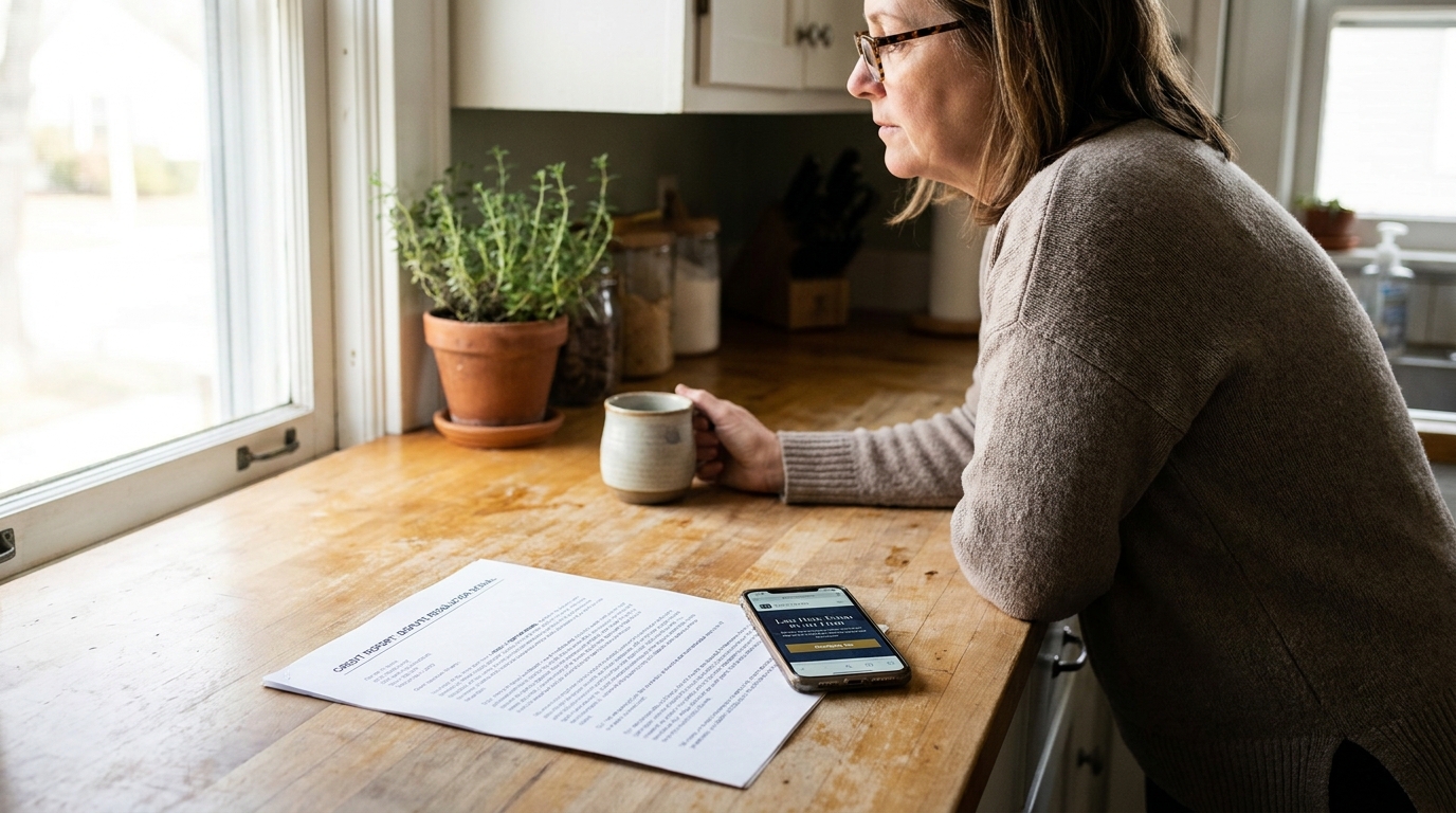 Las Vegas Woman Reviewing Denied Credit Dispute Documents woman holding mug at kitchen table with credit report document and smartphone