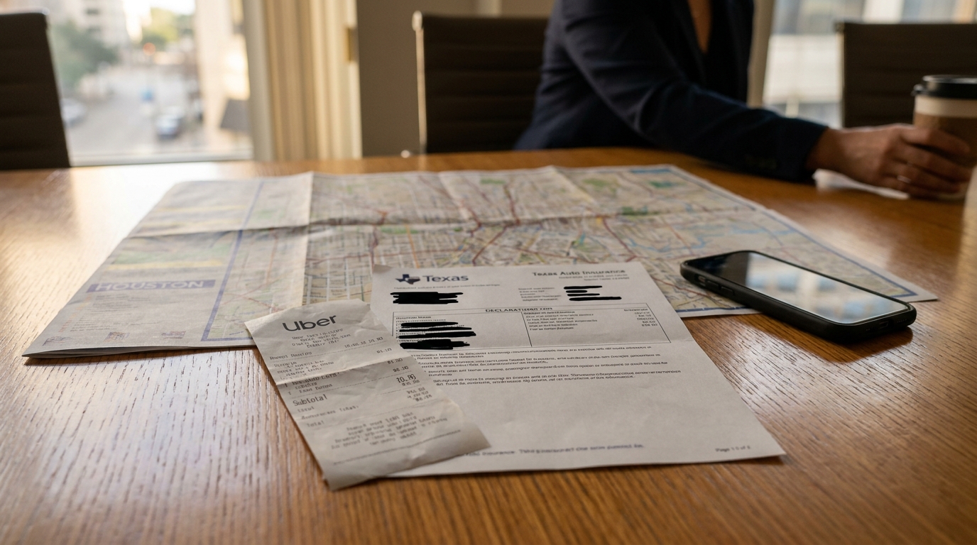 Houston Uber Accident Claim Documents With Attorney Uber receipt, Texas auto insurance declaration, Houston map, and smartphone on table