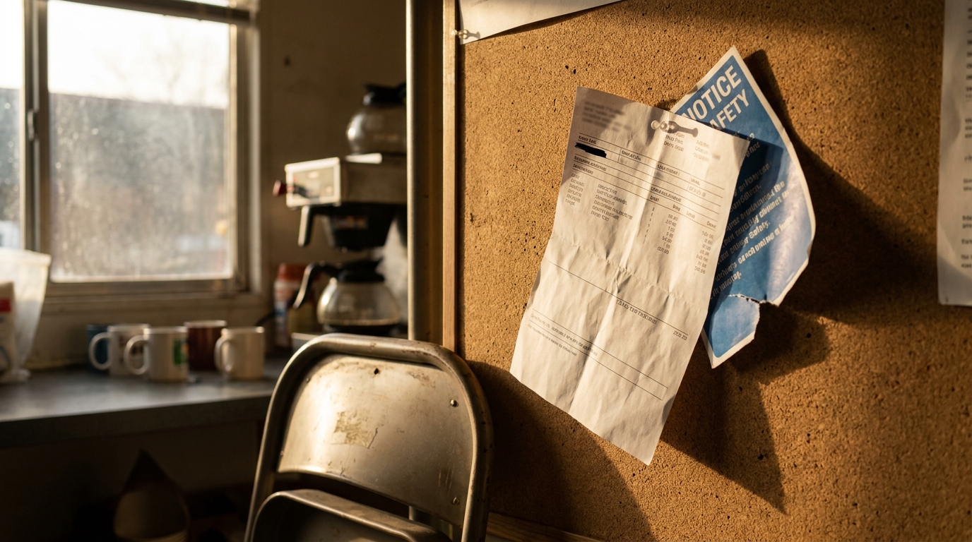 workplace break room cork bulletin board with Notice Safety posting and document