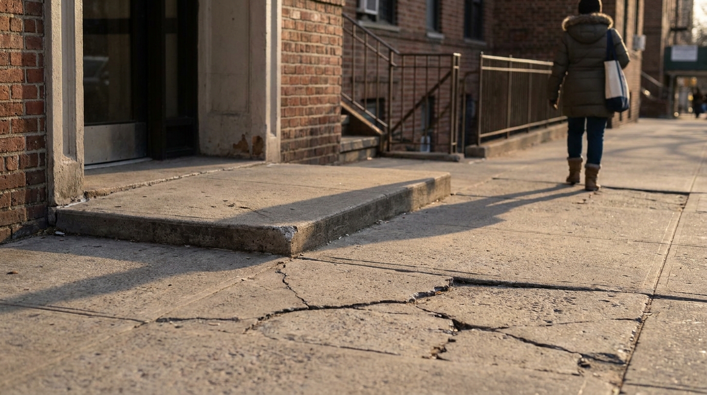 Cracked New York Sidewalk Premises Liability Hazard pedestrian walking past cracked uneven concrete sidewalk near brick building