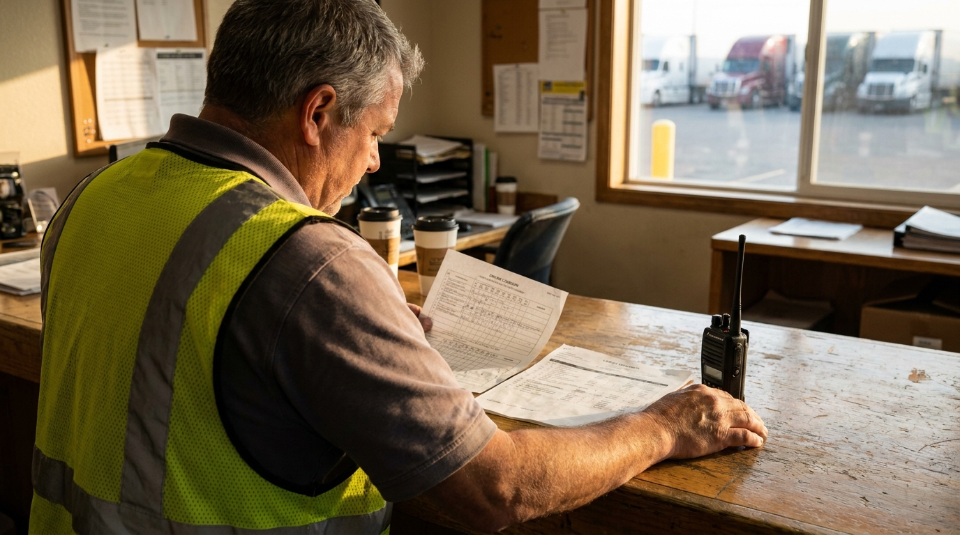 Richland Trucking Company Driver Reviewing Liability Documents worker in safety vest reviewing documents at trucking dispatch office counter