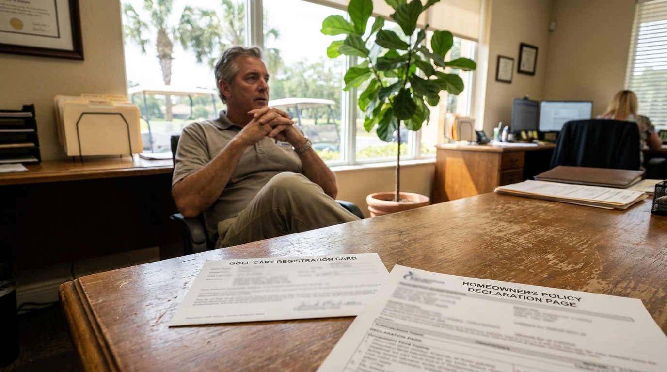 Golf Cart Registration and Homeowners Policy The Villages FL man seated at desk with Golf Cart Registration Card and Homeowners Policy Declaration Page