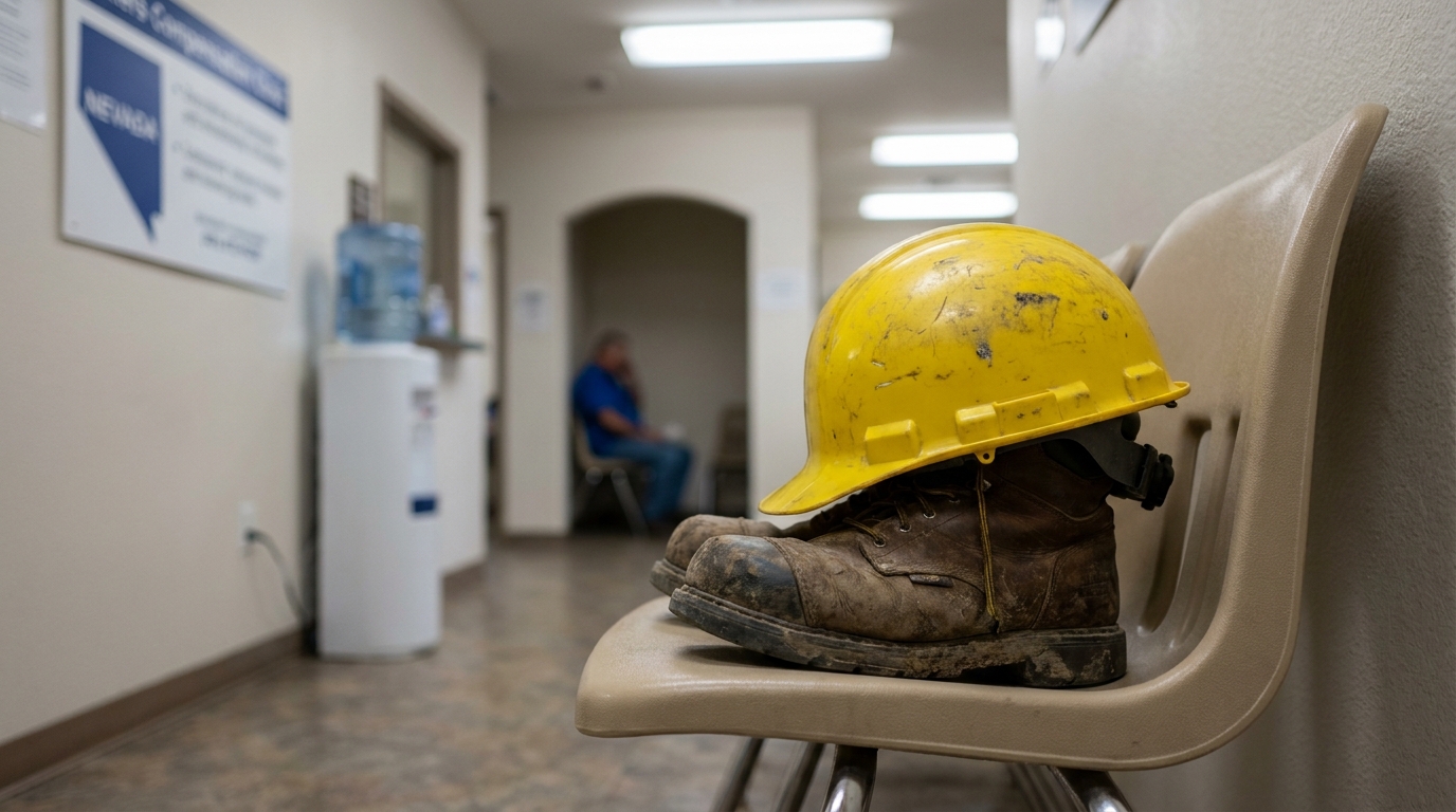 worn work boot and hard hat resting on chair in workers compensation office waiting room