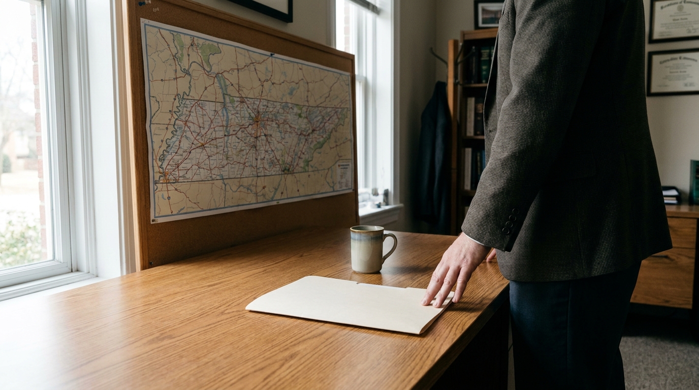 Memphis Truck Accident Attorney Office With Tennessee Map attorney standing at wooden desk with Tennessee state map and legal documents
