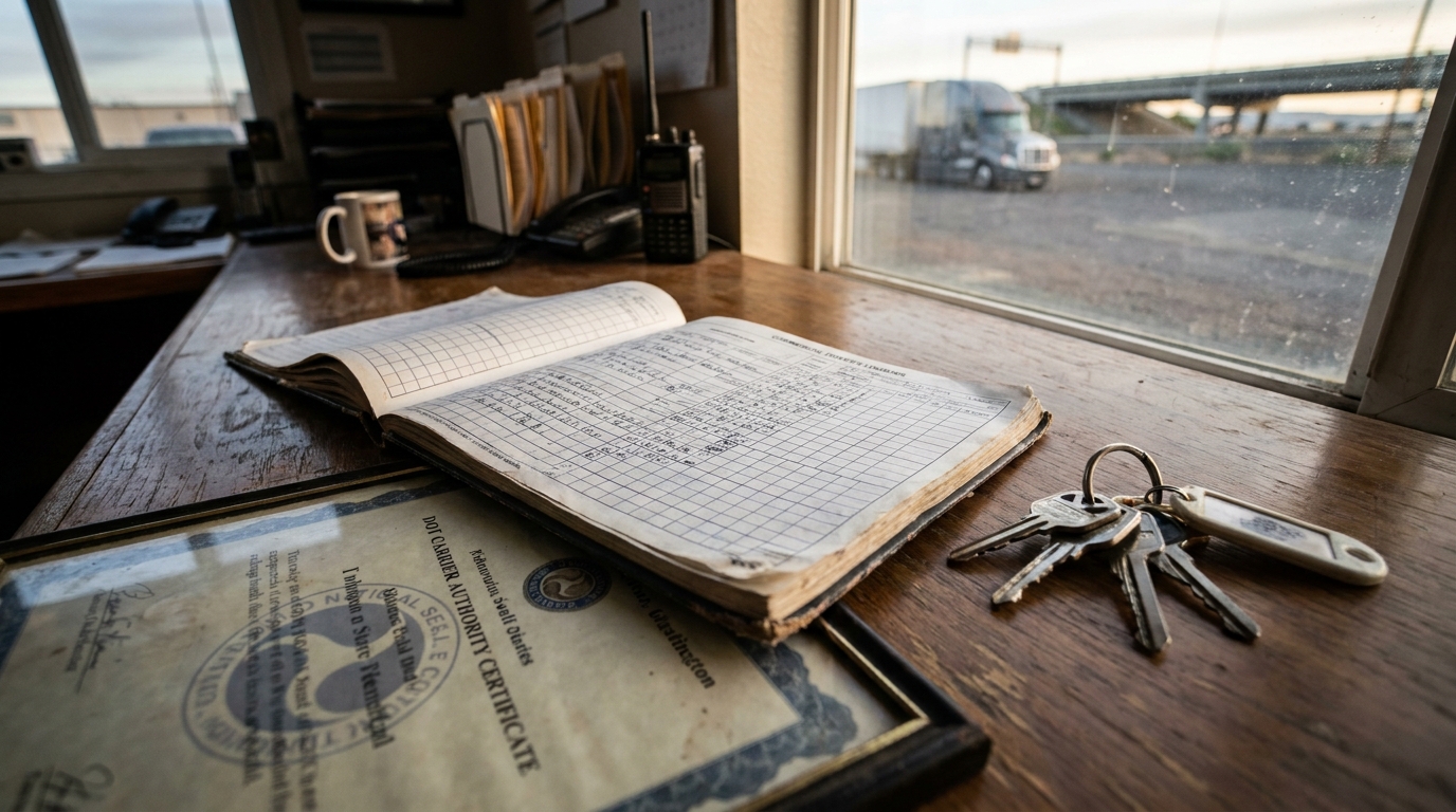 DOT Carrier Authority Certificate and driver logbook on trucking office desk