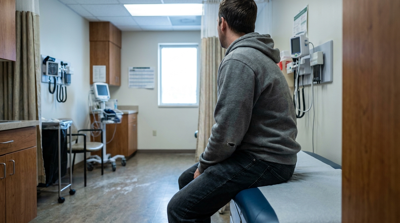 Carbon Monoxide Poisoning Patient Treated San Antonio ER man seated alone on medical exam table in clinical examination room