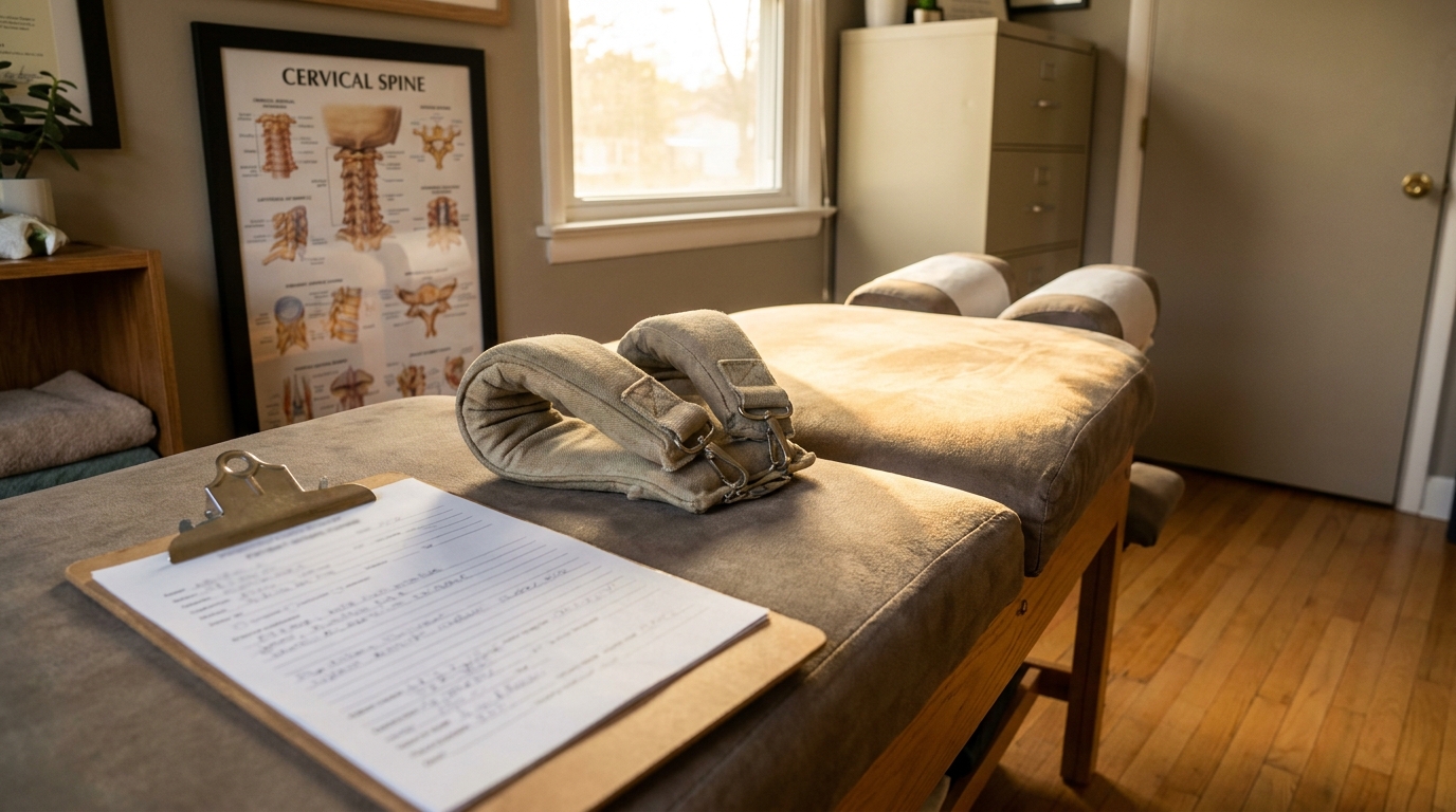 chiropractic treatment table with clipboard, straps, and cervical spine anatomy poster
