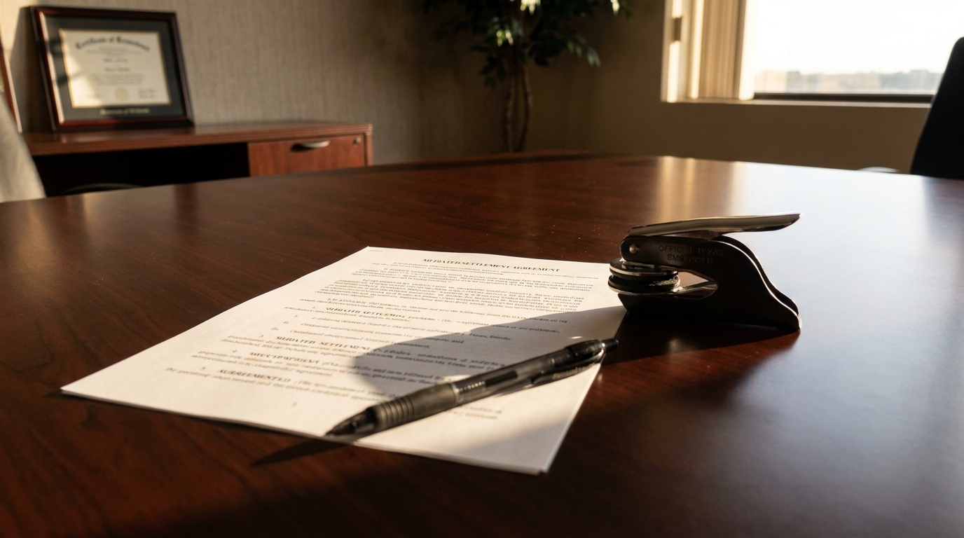 Texas Mediated Settlement Agreement Document With Official Seal mediated settlement agreement document with pen and official embosser seal on conference table