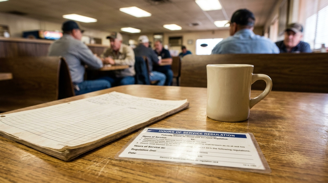 Truck Driver Hours of Service Log Houston Diner Hours of Service Regulation card and logbook on diner table with coffee mug