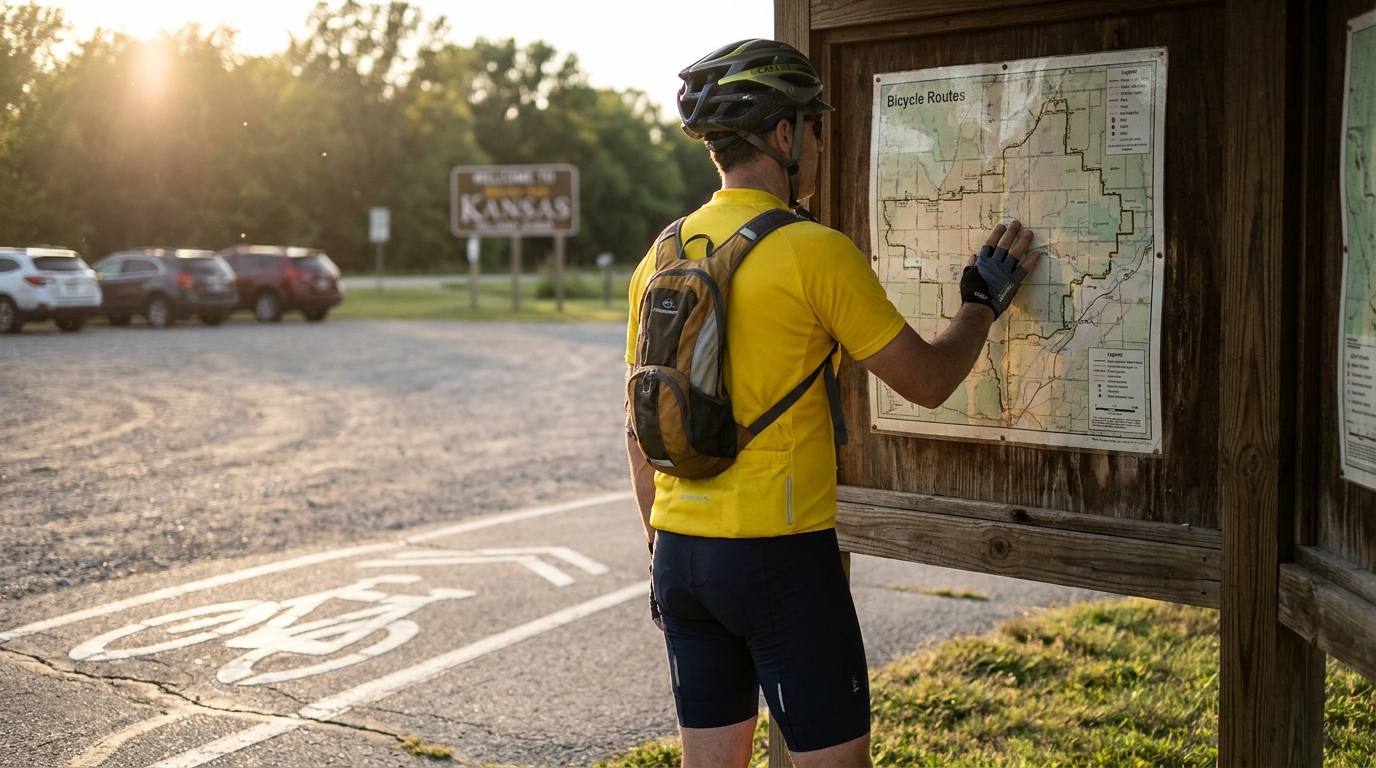 helmeted cyclist with backpack reviewing Bicycle Routes map near Kansas welcome sign