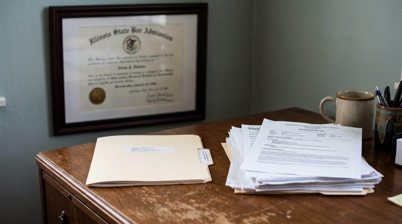 Illinois Failure to Diagnose Attorney Desk With Medical Records Illinois State Bar Admission certificate framed above desk with legal case files
