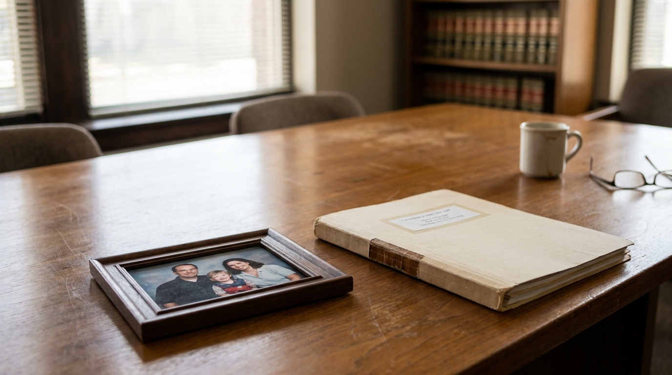 framed family portrait and legal binder on wooden desk in law office