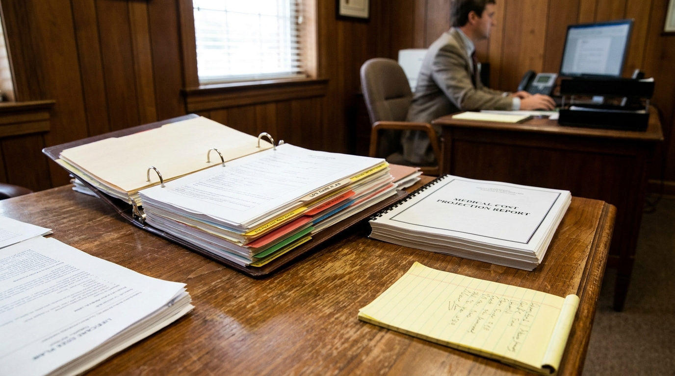 Medical Cost Projection Report binder and legal documents on attorney office desk