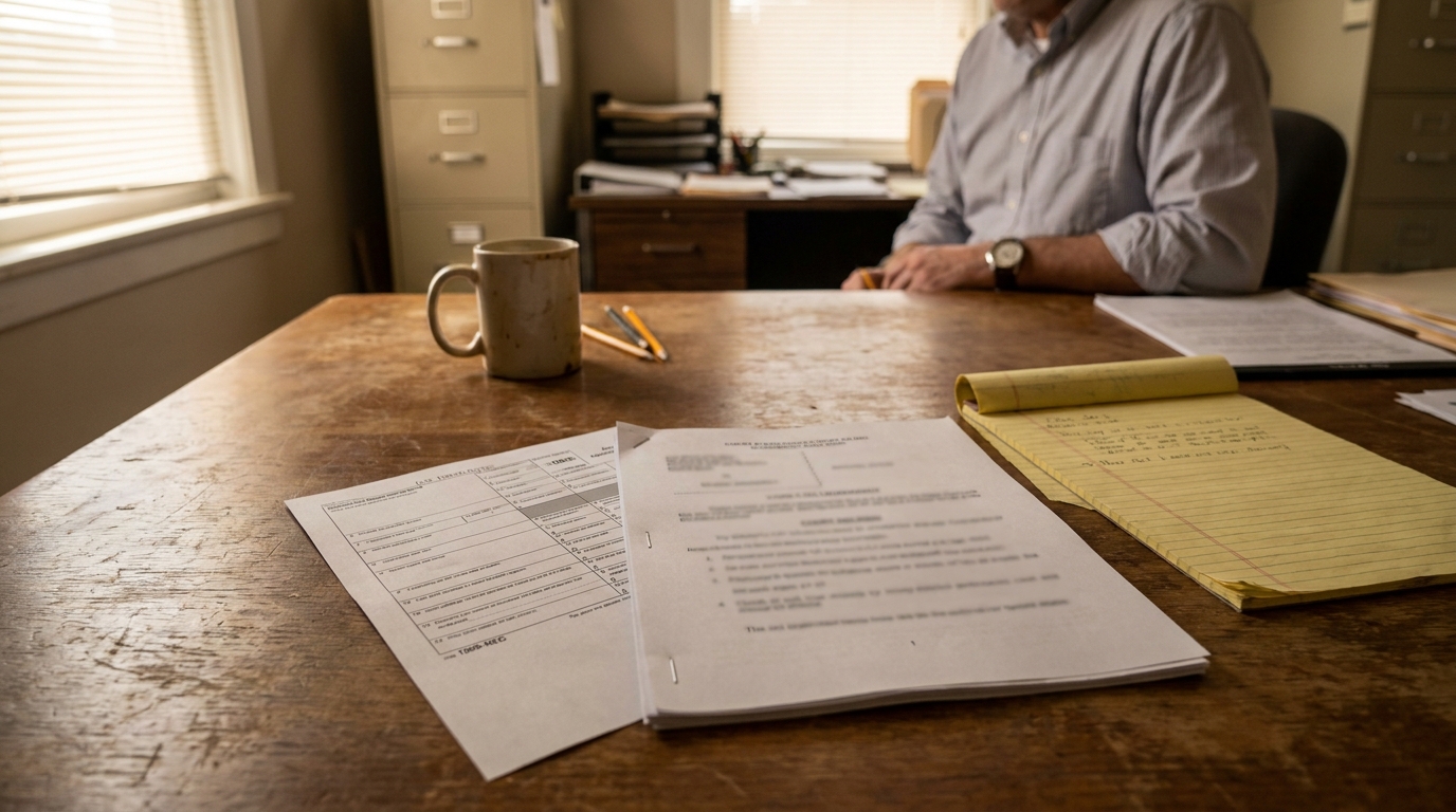 attorney seated at desk with legal documents, 1099-NEC form, and yellow notepad