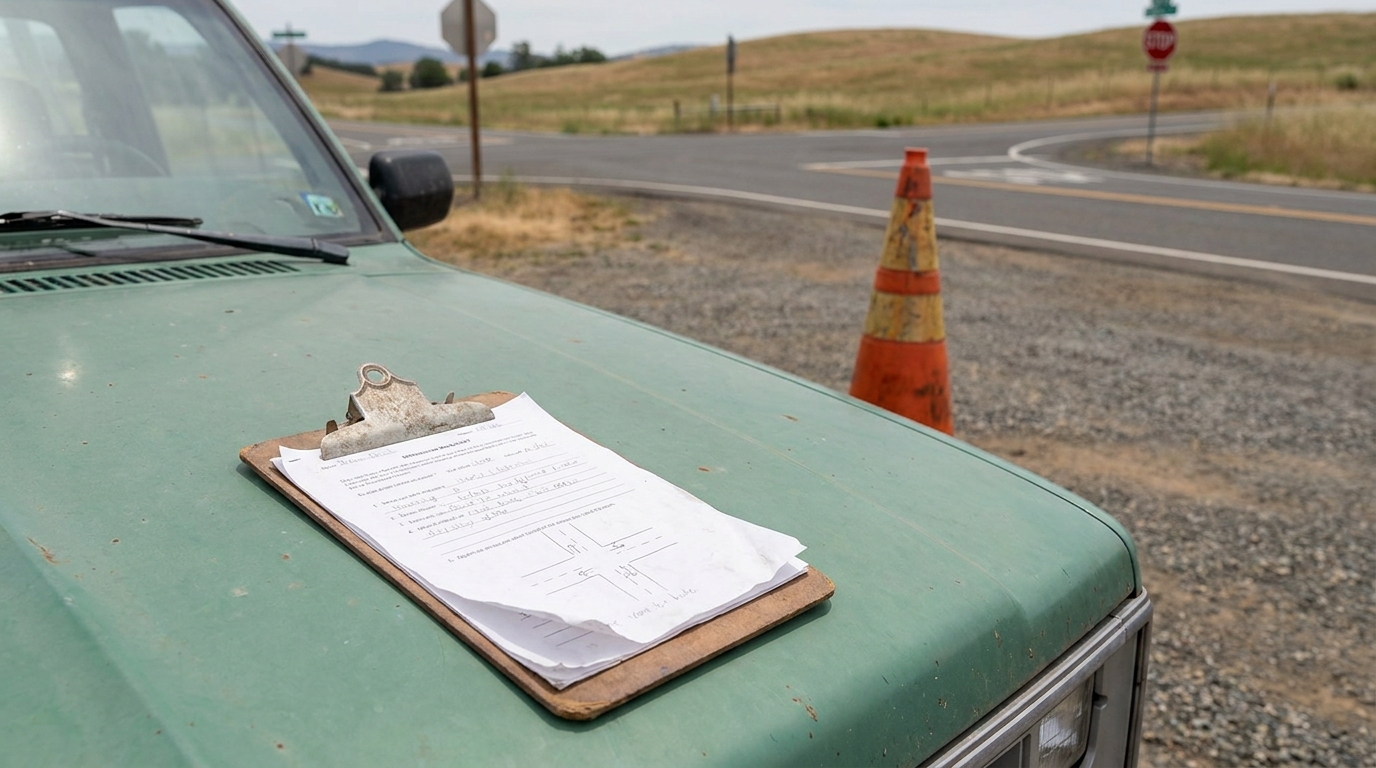 Accident Report Clipboard Highway 49 Intersection Jackson Mississippi clipboard with handwritten accident report form resting on vehicle hood near road intersection