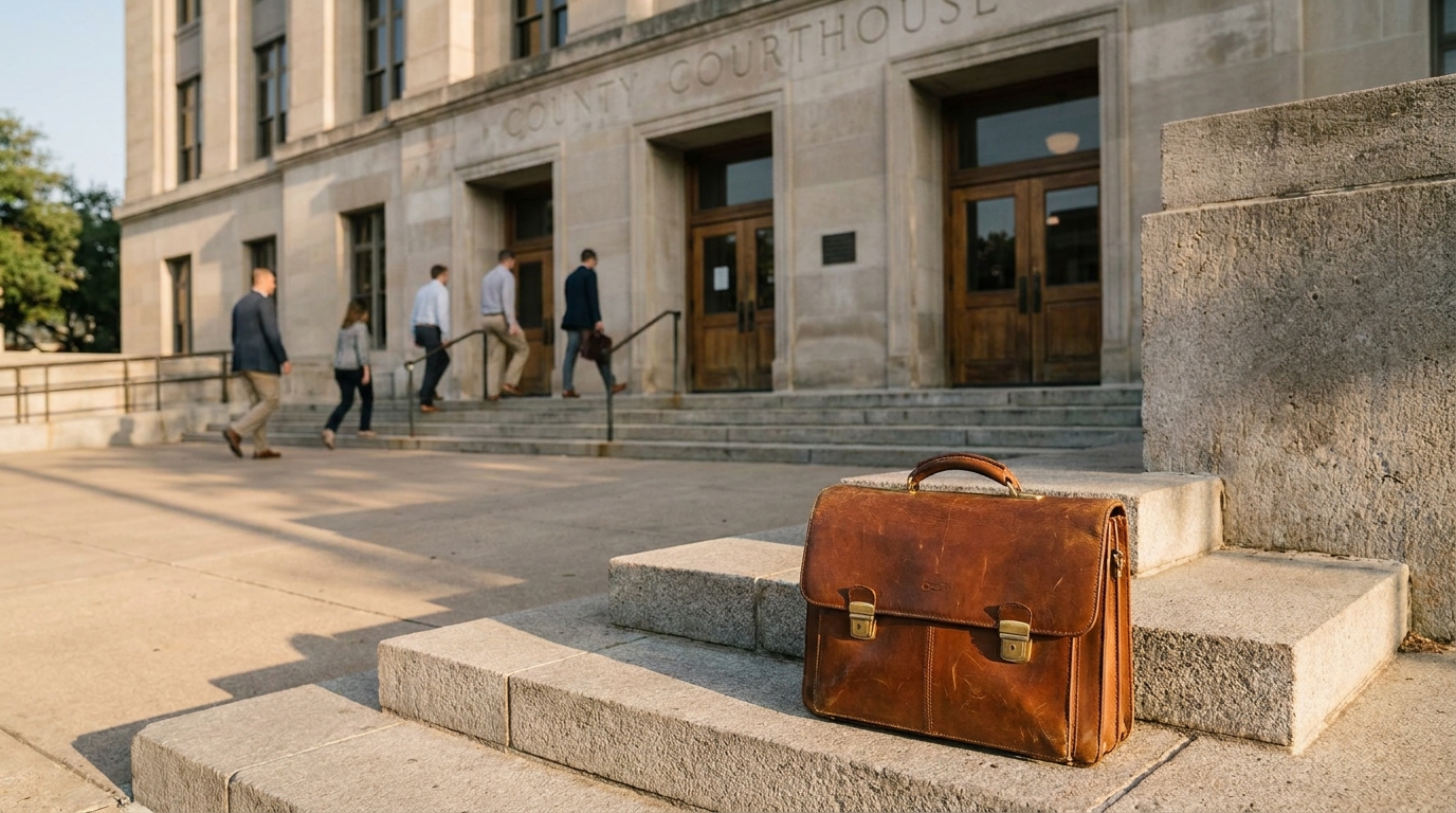 Texas County Courthouse Lawyer Briefcase Child Support Case leather briefcase on County Courthouse steps with attorneys entering building