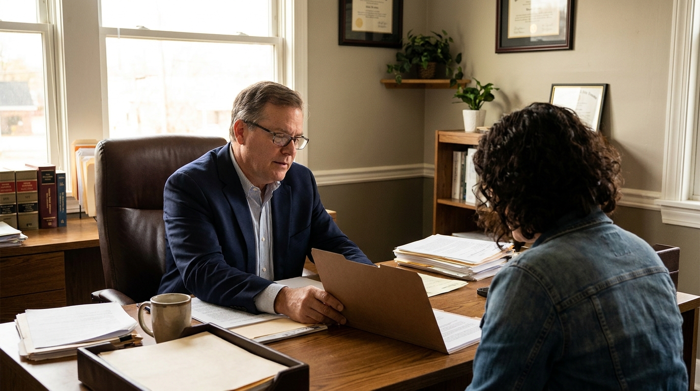 attorney reviewing open folder with client across desk in law office