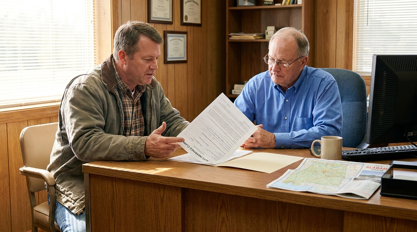 Decatur Alabama Attorney Reviewing Auto Insurance Claim two men reviewing auto insurance claim document at office desk with Alabama map
