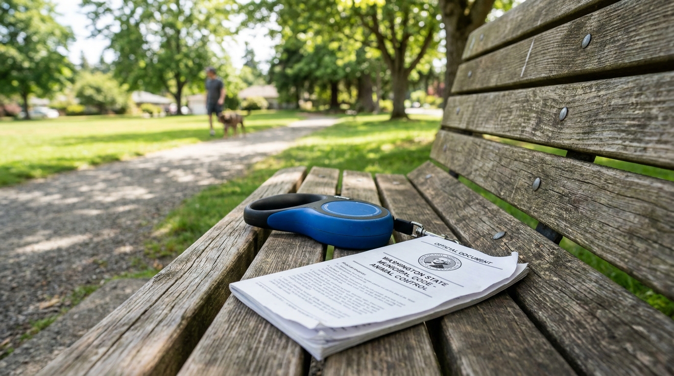 Washington State Municipal Code Animal Control document and retractable leash on park bench